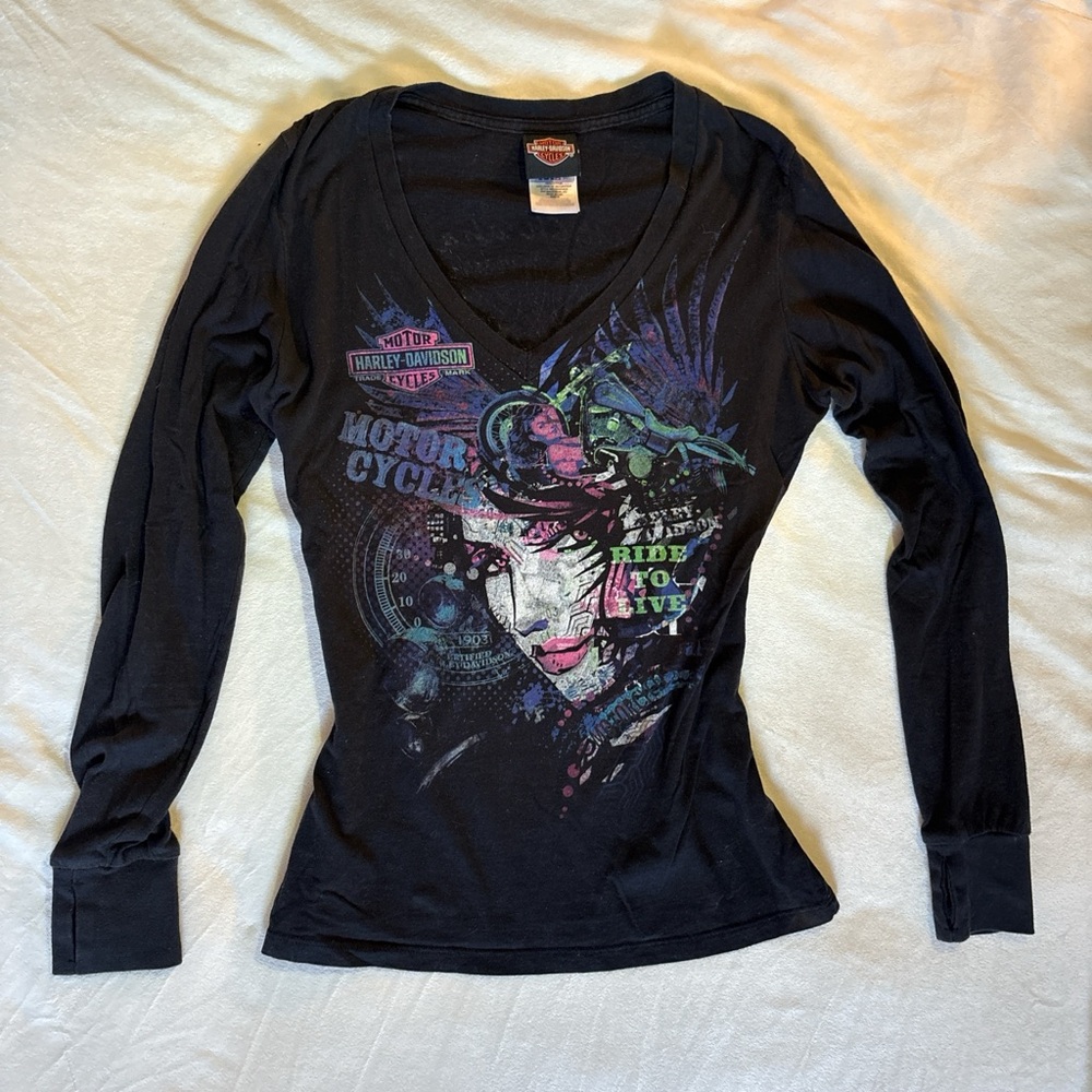 Harley-Davidson Women's Black and Purple Graphic Long Sleeve Tee